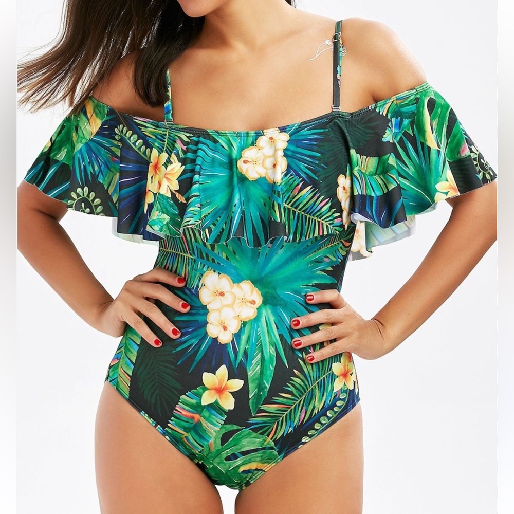 Green Yellow Tropical Floral Off-Shoulder Swimsuit removable straps NWOT